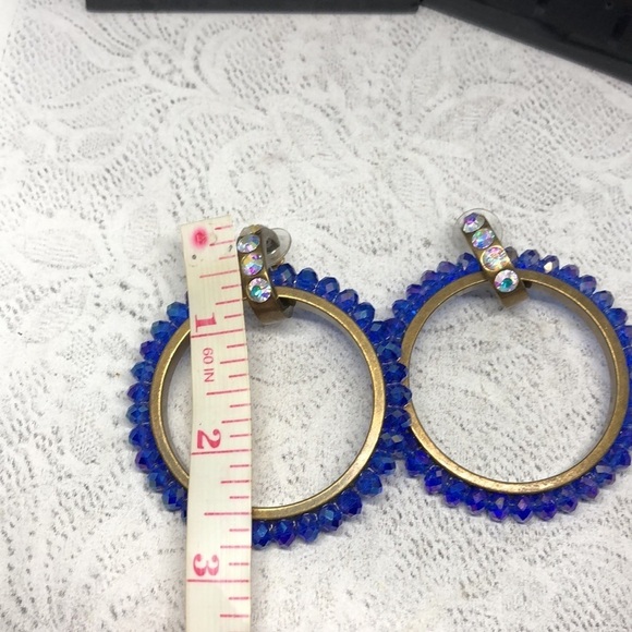 Big circular hoops dazzling blue glass crystal brass statement earrings-hefty. - Picture 4 of 6